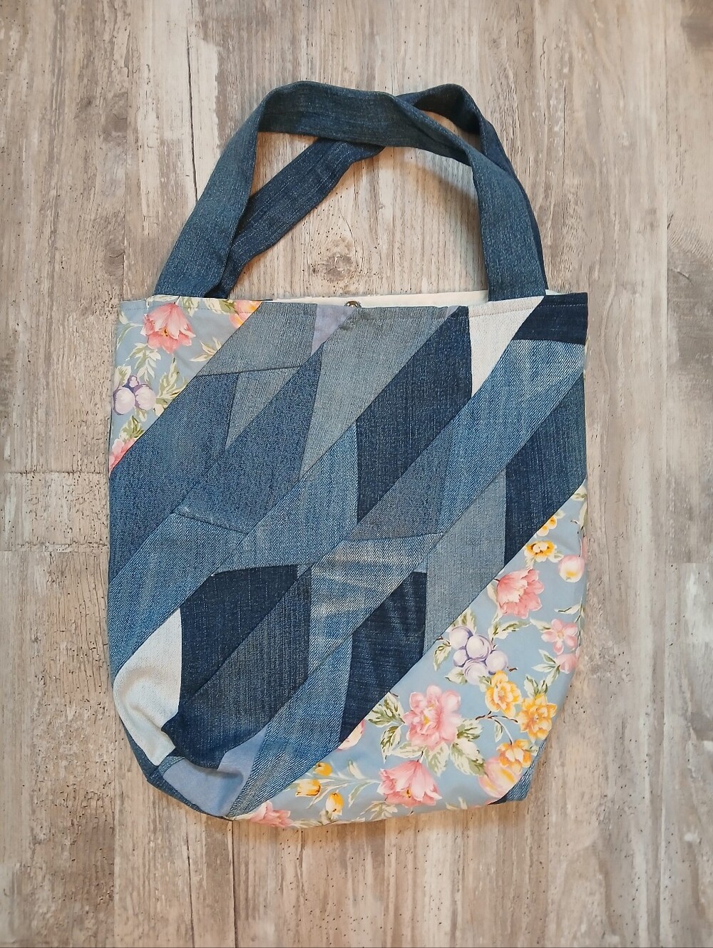​Handmade Upcycled Denim Patchwork Floral Tote Bag Boho Cottagecore Brand New